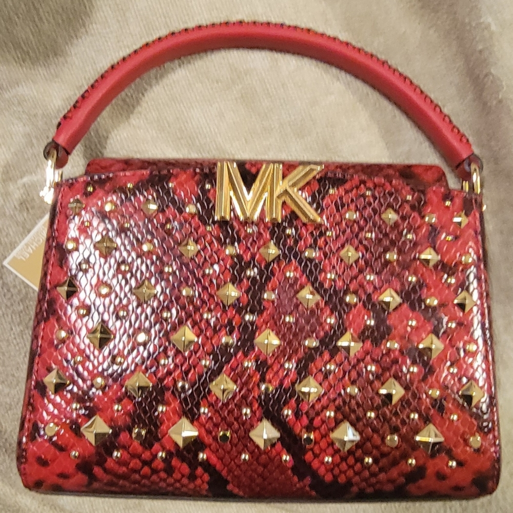 Small Studded Snake Embossed Leather Crossbody Bag